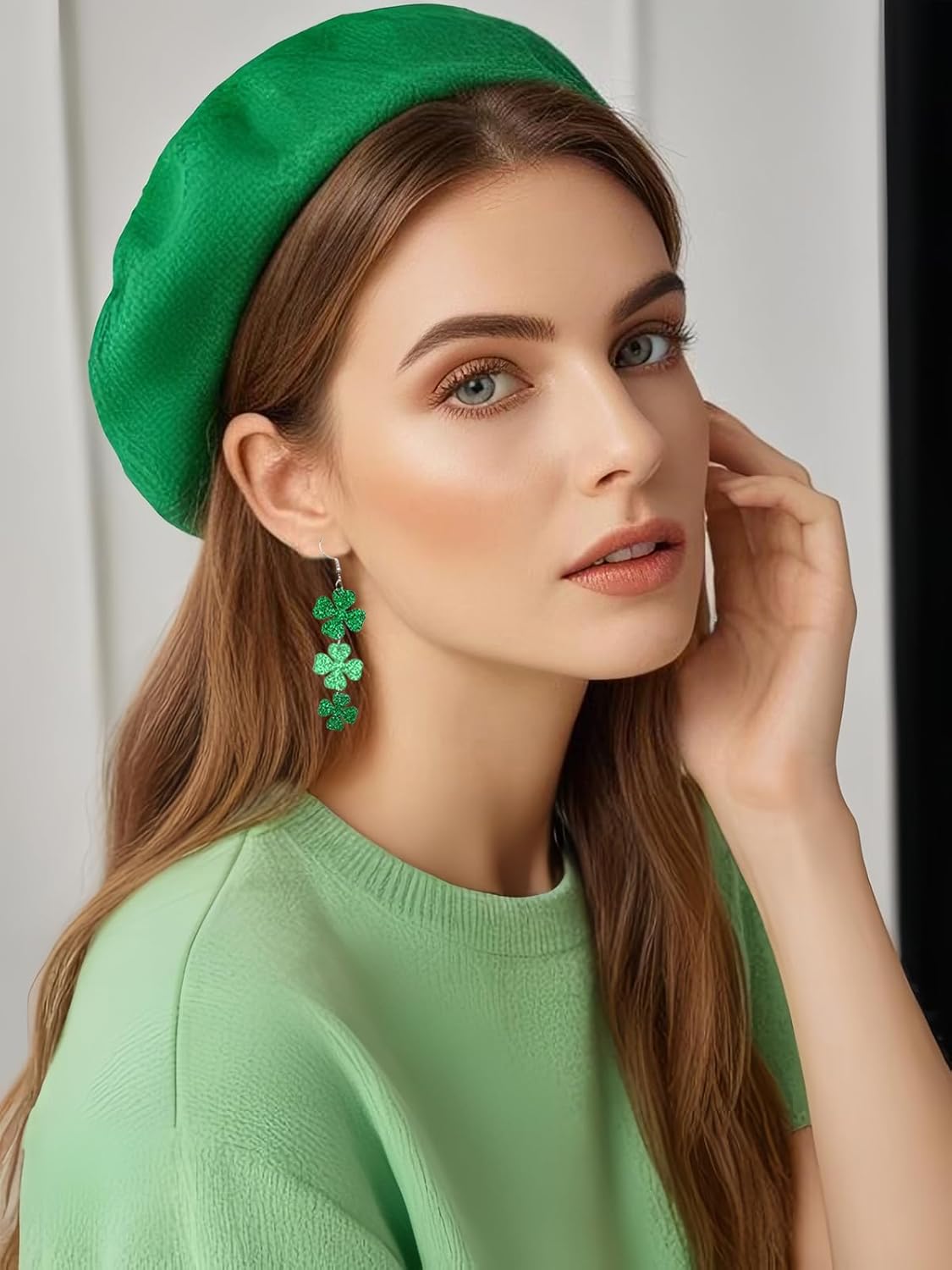 St Patricks Day Green Shamrock Clover Earrings for Women, Irish St. Patrick's Day Accessories Good Luck Hoop Dangle Glitter Earrings (Type 1)