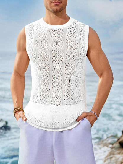 Runcati Mens Sleeveless Crewneck Tank Top Casual Mesh Hollow Out Cotton Knit Summer Beach T Shirt