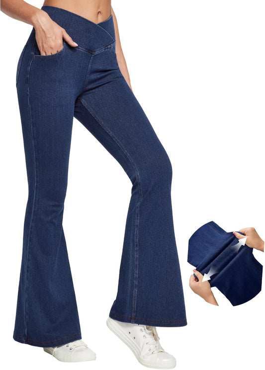 IUGA Bell Bottom Jeans for Women High Waisted Stretchy Flare Jeans Pull On Wide Leg Jean Woman V Cross Flare Leggings Pants