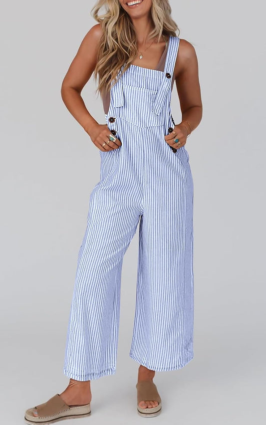 PRETTYGARDEN Overall Jumpsuit For Women 2025 Summer Casual Wide Leg Sleeveless Button Striped Jumpsuits Trendy Outfits