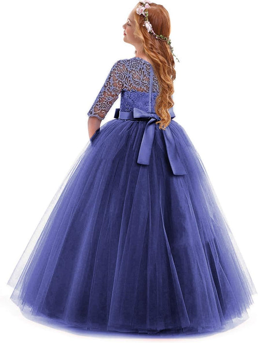 Girls Flower Vintage Floral Lace 3/4 Sleeves Floor Length Dress Wedding Party Evening Formal Pegeant Dance Gown