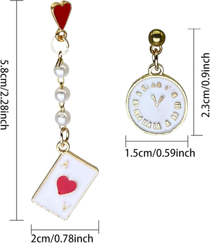Queen of Heart Earrings Red Heart Poker Clock Drop Earrings Funny Colorful Resin Playing Card Earrings for Women