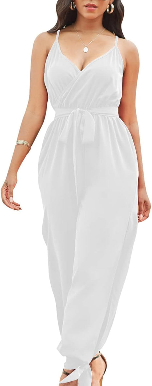 LightlyKiss Casual Summer Dressy Jumpsuits for Women Spaghetti Strap Wide Leg Split Long Pants Loose Fit Rompers
