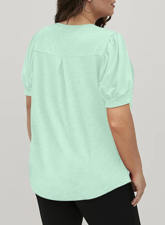 Eytino Womens Plus Size Tops V Neck Puff Short Sleeve Summer Loose Casual Solid Tees Shirts(1X-5X)