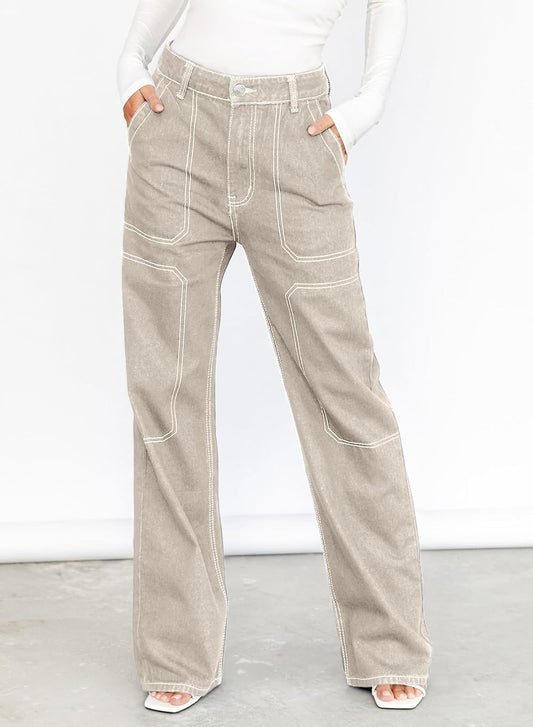 Dokotoo Women's Casual Mid Waist Cargo Jeans Stretch Wide Leg Denim Pants with Pockets