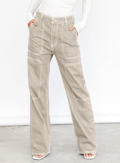 Dokotoo Women's Casual Mid Waist Cargo Jeans Stretch Wide Leg Denim Pants with Pockets