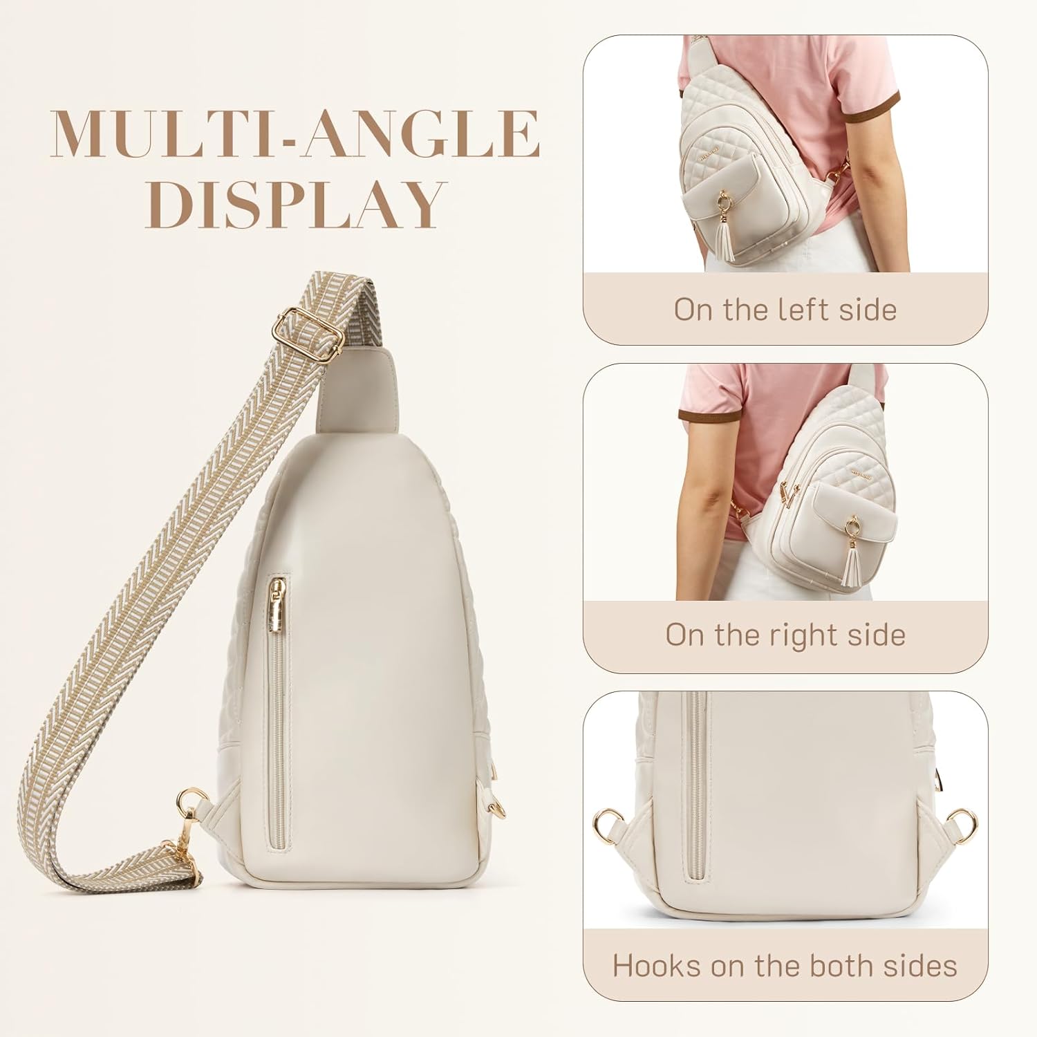 Missnine PU Leather Sling Bag for Women Quilted Chest Crossbody Trendy Travel Bag for Hiking Cycling with Tassel