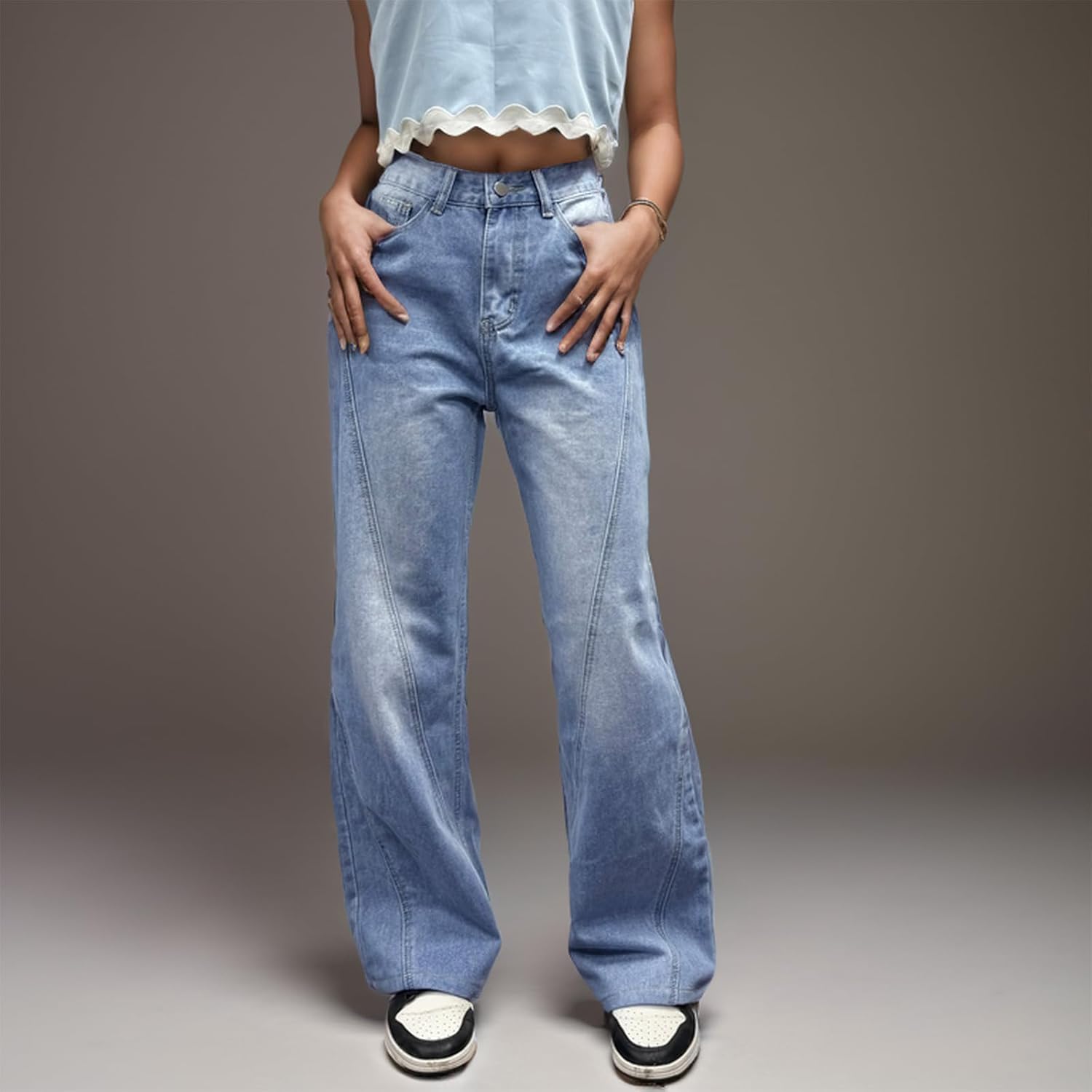 Vintage Mid Waist Jeans for Women Boyfriend Mom Wide Leg Jean Baggy Straight Leg Relaxed Fit Long Denim Pants