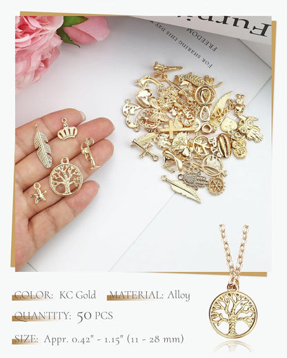 JIALEEY Wholesale Bulk 50PCS Mixed Gold Charms Pendants DIY for Necklace Bracelet Jewelry Making and Crafting