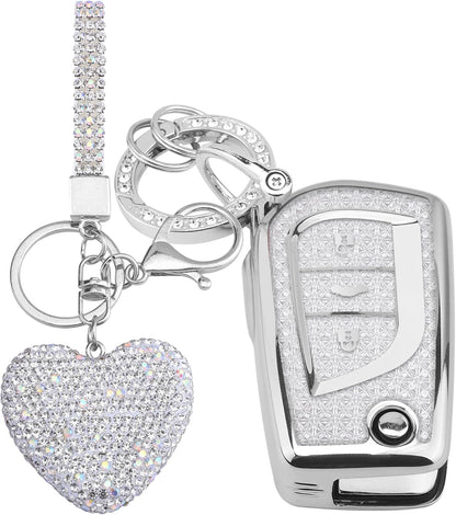 for Toyota 3 Buttons Key fob Cover with Diamond Heart Keychain, Car Accessories TPU for Fortuner Tundra Camry RAV4 Highlander Corolla Smart Key, Silver Clear