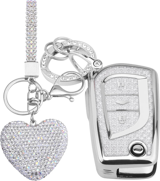 for Toyota 3 Buttons Key fob Cover with Diamond Heart Keychain, Car Accessories TPU for Fortuner Tundra Camry RAV4 Highlander Corolla Smart Key, Silver Clear