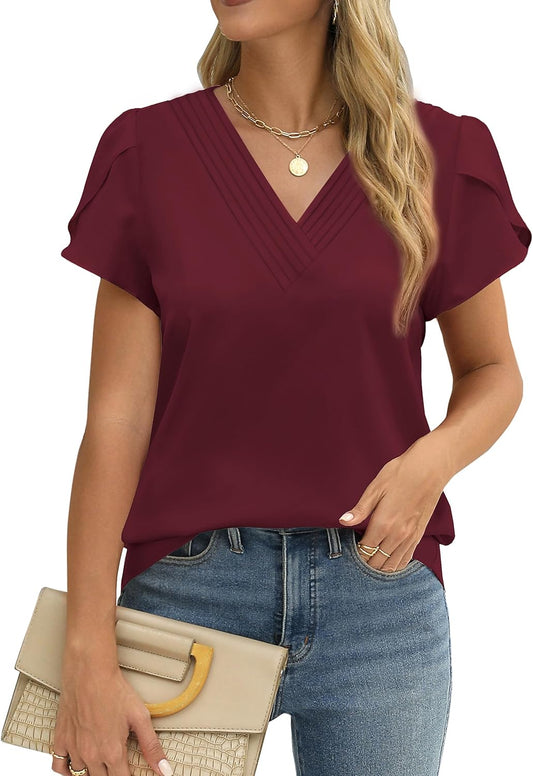 Fayenne Womens Tops Dressy Casual V Neck Ruffle Short Sleeve Blouse Business Casual Tops Chiffon Flowy Shirt Cute Summer Tops