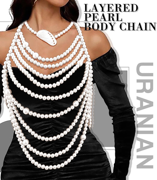 Uranian Pearl Body Chains Top Pearl Bra Chain Layered Shoulder Chain Necklaces Halter Chest Chains Beach Bikini Body Jewelry for Women