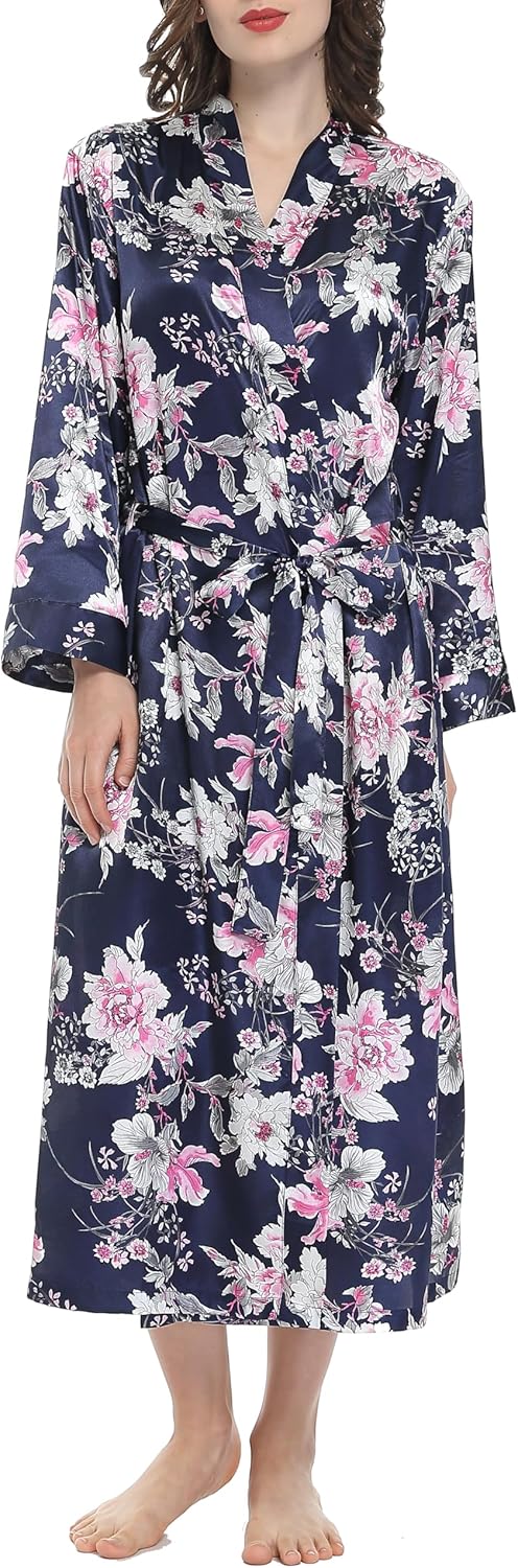 Lavenderi Women's Satin Kimono Robe - Long Classic Satin Lounge Bathrobe