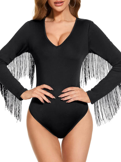 Komorebi Women's Fringe Trim V Neck Long Sleeve Bodysuit Top Cowgirl Outfits Disco Outfit Bodycon Leotard Fitted Stretchy Top