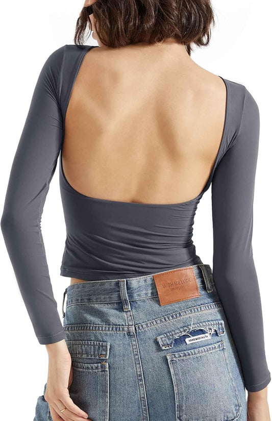 SUUKSESS Women Backless Going Out Tops Double Lined Open Back Basic Long Sleeve