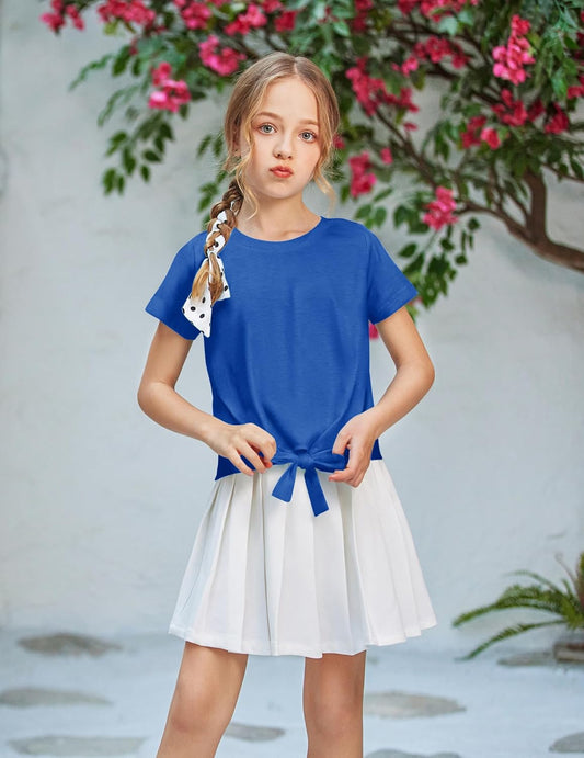 Arshiner Girls Short Sleeve Shirts Tie Knot Front Tops T Shirts for Kids Crewneck Cute Casual Tie Dye Tee Blouse