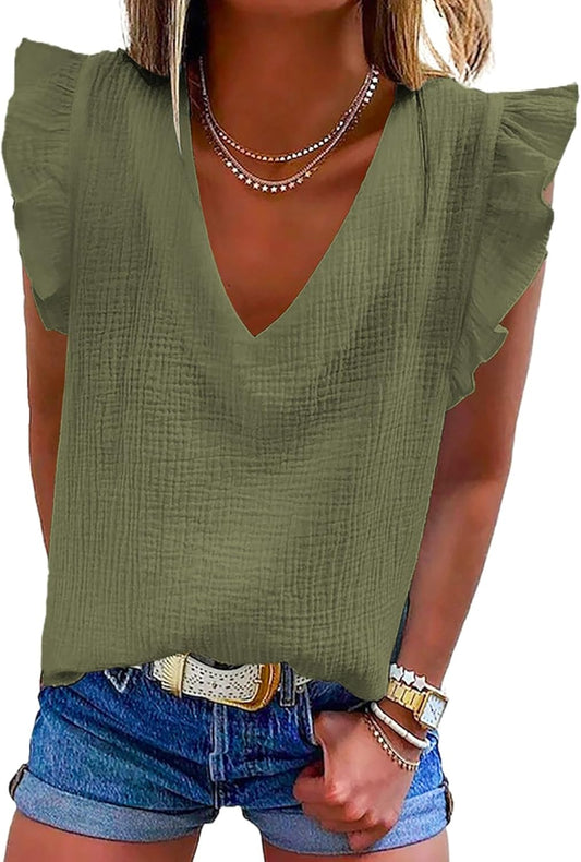 Dokotoo Womens 2025 Cute V Neck Ruffle Sleeveless Shirts Elegant Tank Tops Blouses