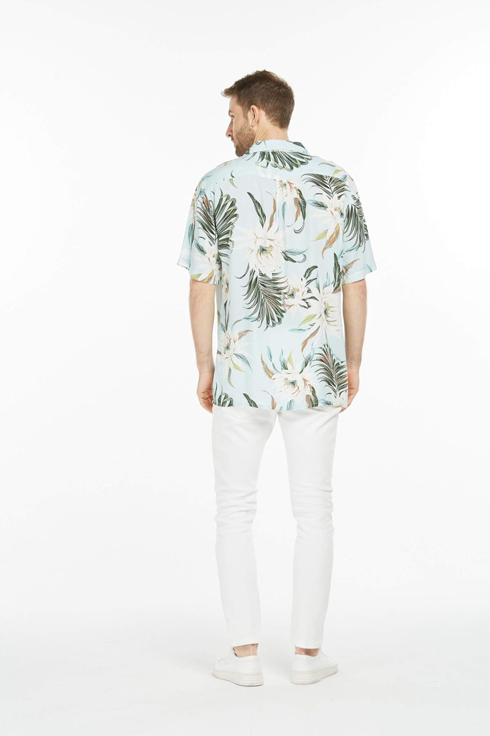 Matchable Couple Hawaiian Luau Shirt or Wrap Ruffle Dress in Wispy Cereus Light Blue
