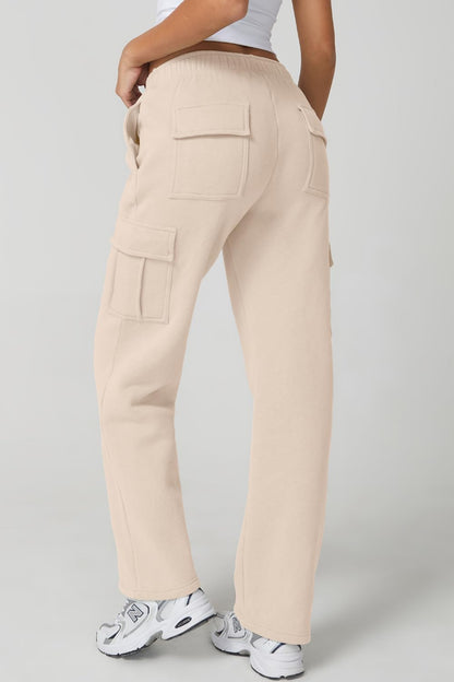 QINSEN Womens Medium Waist Baggy Elastic Waist Sweatpants Casual Fleece Long Pants with Pockets