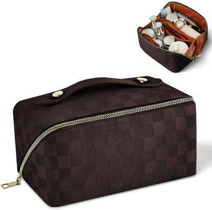 Premium PU Cosmetic Bag Travel Bag, Large Capacity Layered Cosmetic Bag Zipper Bag, Portable Travel Organizer Multifunctional Waterproof Bag, Easy to Carry (Checkerboard - Brown)