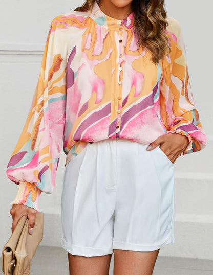 ZESICA Women's Floral Print Blouse 2025 Long Sleeve Button Down Casual Fall Boho Oversized Tops Shirts