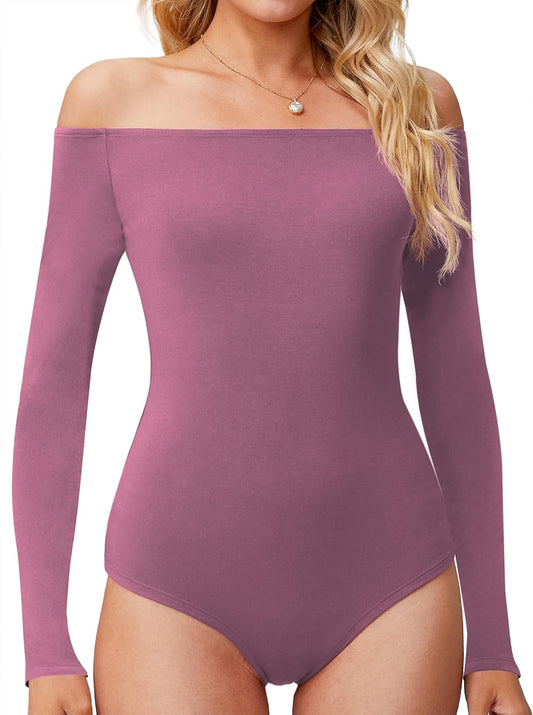 LAOALSI Women's Off Shoulder Bodysuit Short Sleeve Slim Fit Casual Basic Body suit Tops T Shirts