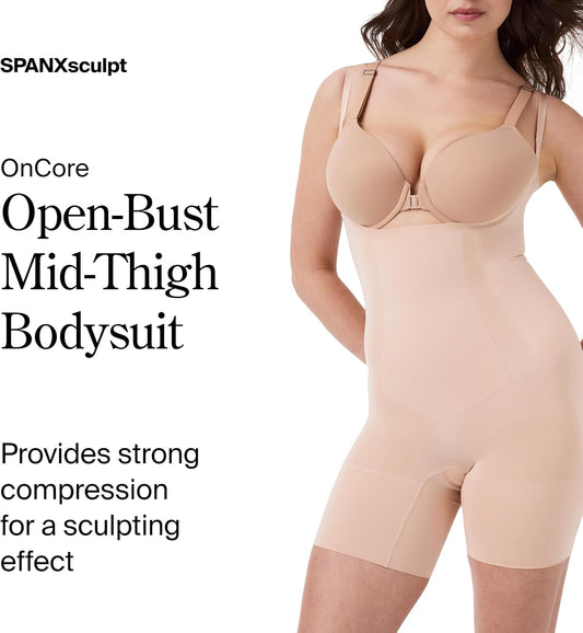 SPANXsculpt OnCore Open-Bust Mid-Thigh Bodysuit - Powerful Compression Body Shaper - Comfortable Shapewear - Adjustable Straps