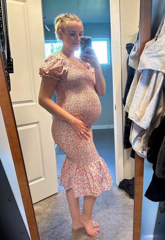 Summer Floral Midi Bodycon Maternity Dresses, Short Puff Sleeve Square Neck Ruffle Hem Mermaid Baby Shower Dress