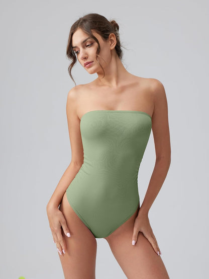 OQQ Womens Tube Bodysuits Strapless Basic Sleeveless Ruched Stretch Classic-Fit Tops Sexy Bodysuits