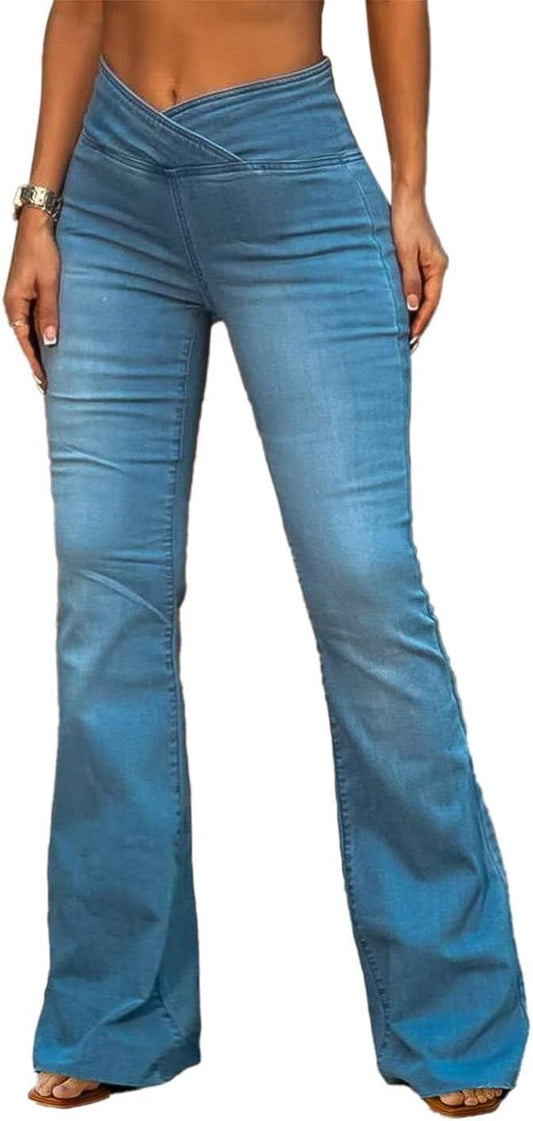Flamingals Flared Wide Leg High Rise Casual Wash Wrap Denim Jeans Mid Blue 3XL