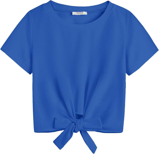 Arshiner Girls Short Sleeve Shirts Tie Knot Front Tops T Shirts for Kids Crewneck Cute Casual Tie Dye Tee Blouse