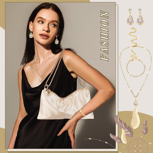 4 Pcs Satin Purse Jewelry Sets Woman Evening Handbag Wedding Shoulder Bag Purse for Prom Formal Cocktail Wedding Bride