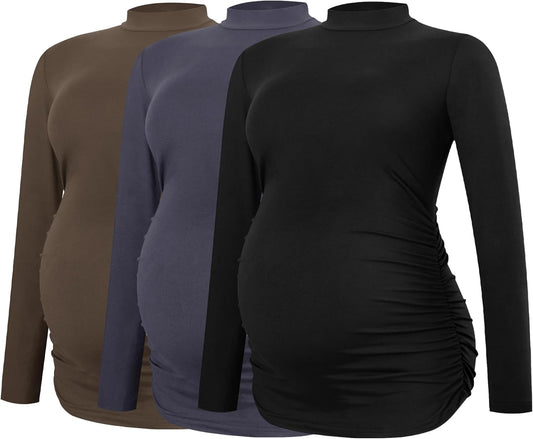Smallshow Women's Maternity Shirts Crew Neck Long Sleeve Pregnancy Clothes Tops 3 Pack