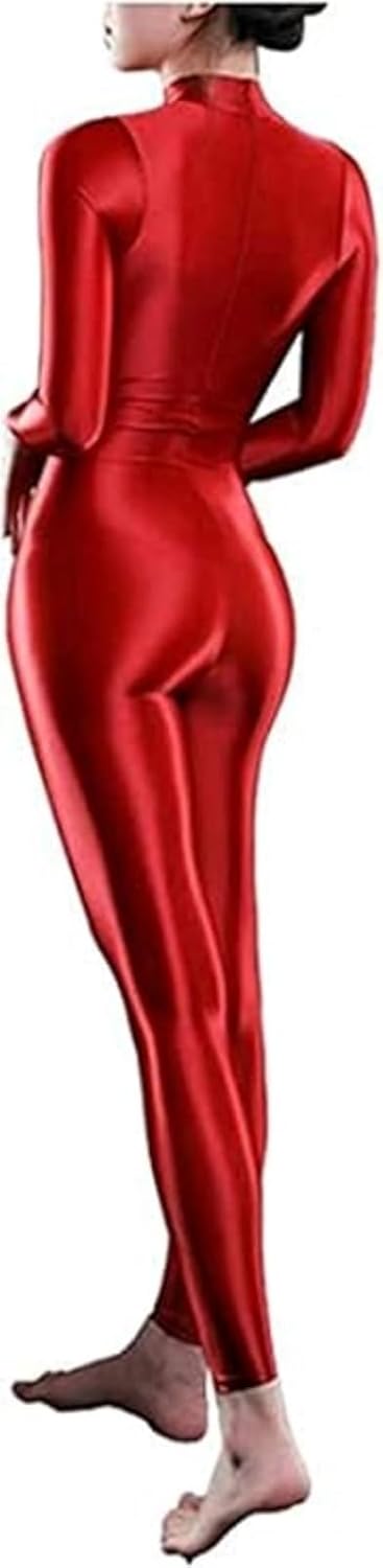 Xinxin Woman's Shimmery High Neck Long Sleeve Footless Zipper Bodysuit Catsuit Unitard Zentai Costume