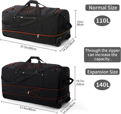 Vomgomfom Expandable from 110L to 140L 31.5" Rolling Duffle Bag with 2 Wheels,Foldable Travel Duffel Bag with Large Convertible Compartment Pocket