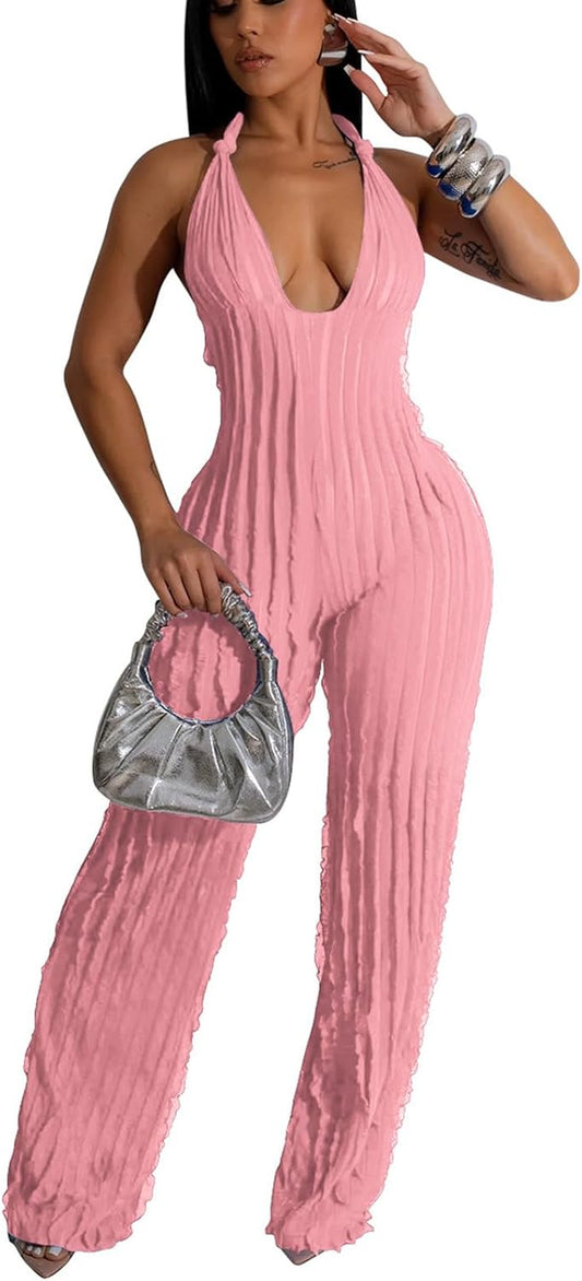 Adogirl Summer Sexy Halter Jumpsuits for Women V Neck Tie Knot Pleated Boho One Piece Wide Leg Long Pants Jumpsuit Romper