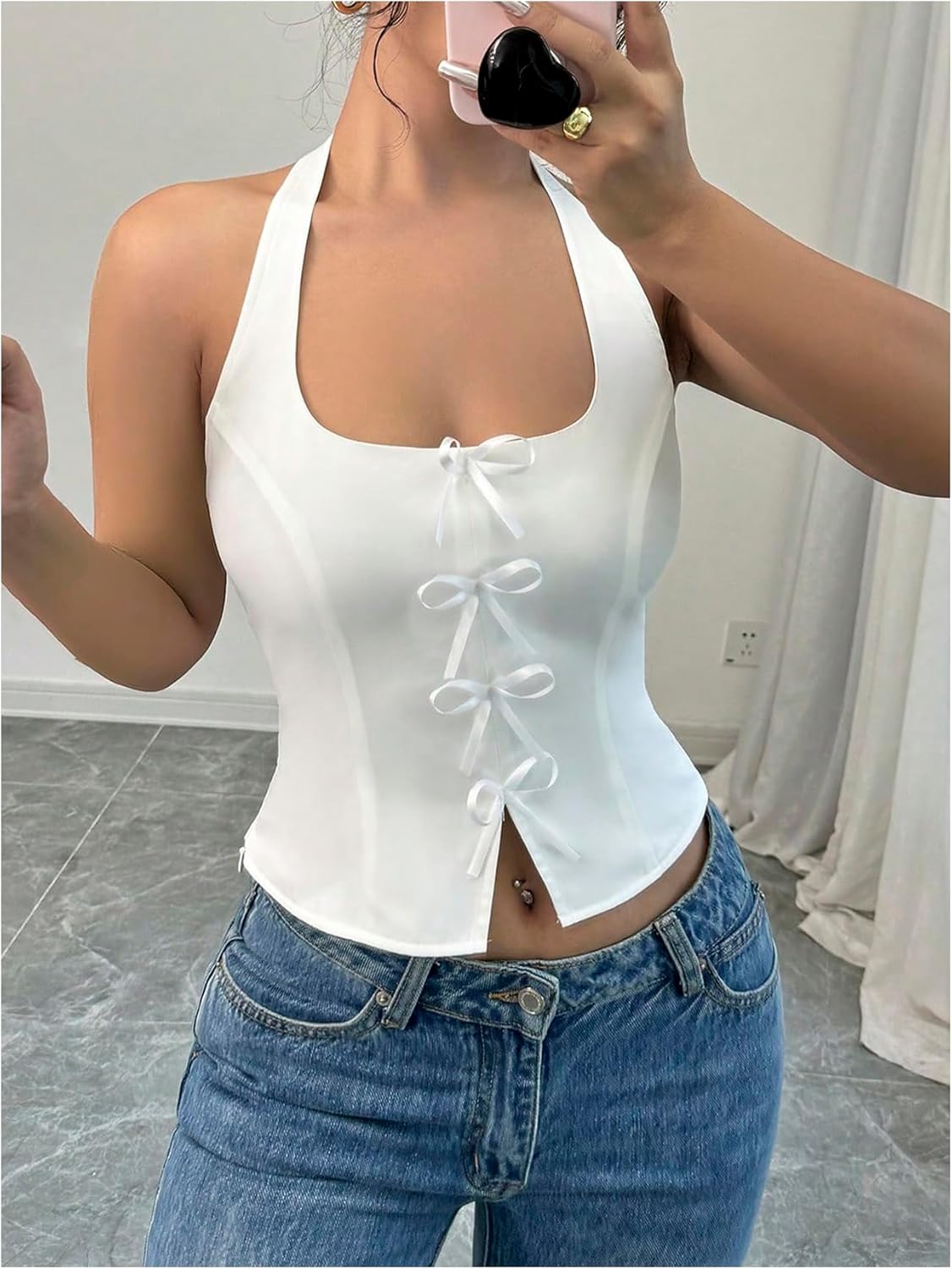SHENHE Women's Cute Bow Front Crop Halter Top Sleeveless Backless Slit Y2k Top Vest