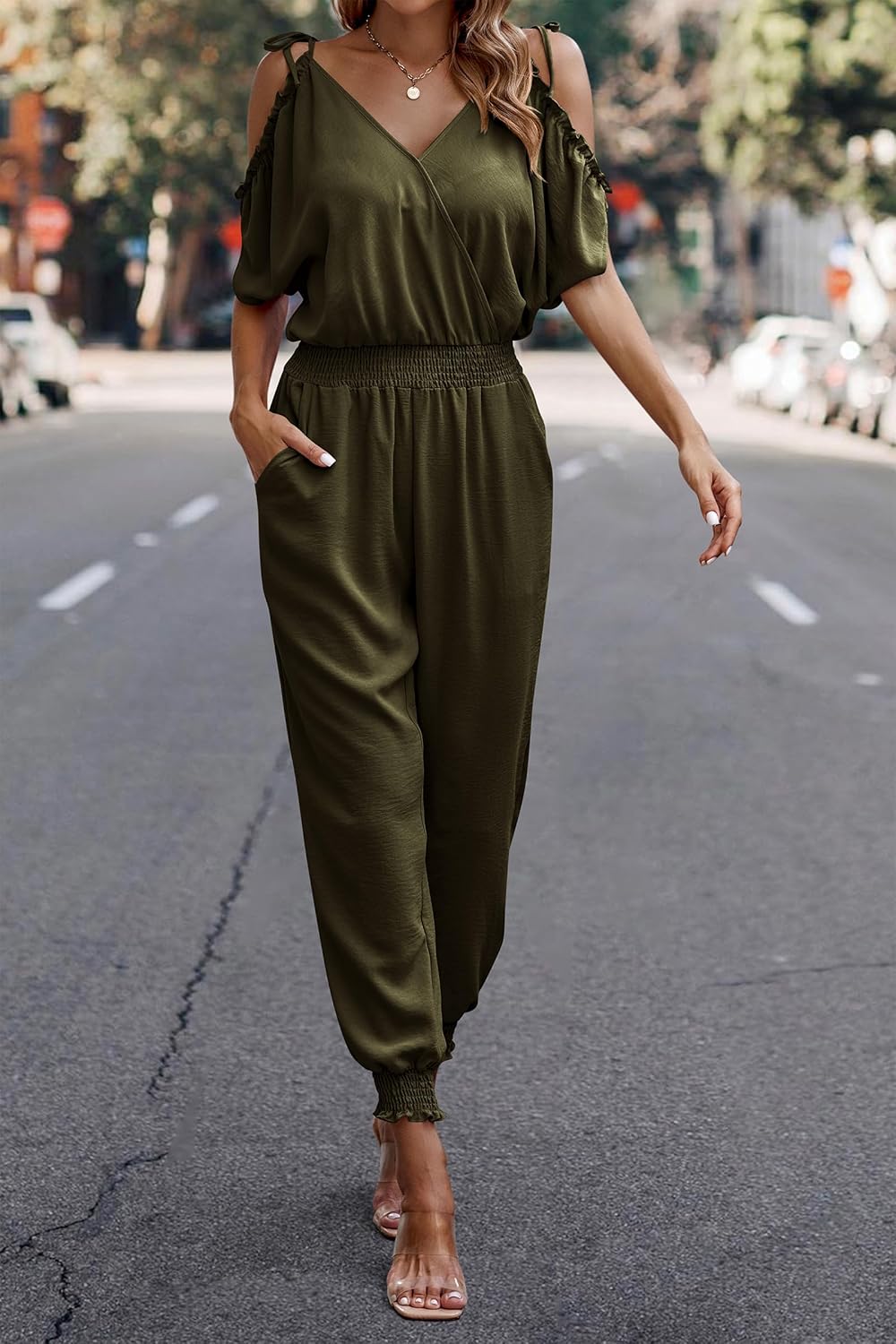 PRETTYGARDEN Jumpsuit for Women Casual Wrap V Neck Cold Shoulder One Piece Outfits Pants Romper (Army Green,Small)