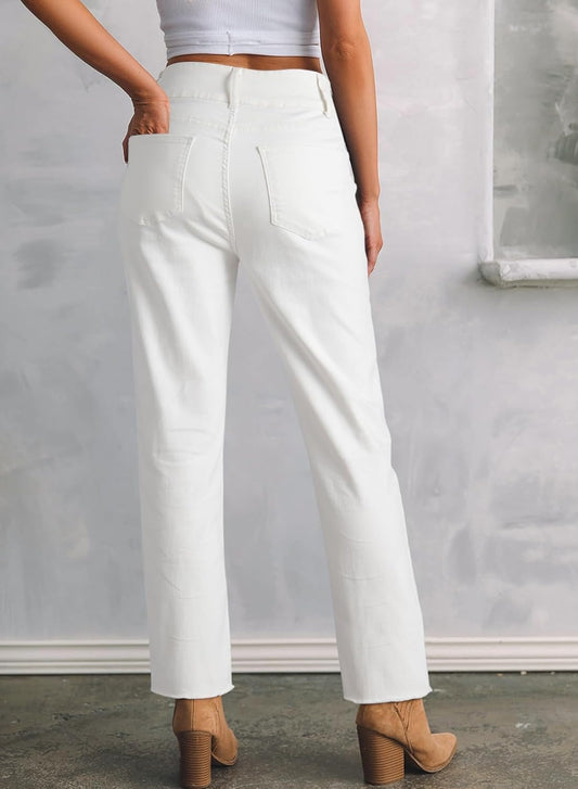 Sidefeel Women's High Waisted Jeans Strechy Fashion Raw Hem Straight Leg Ankle Denim Pants with Pockets
