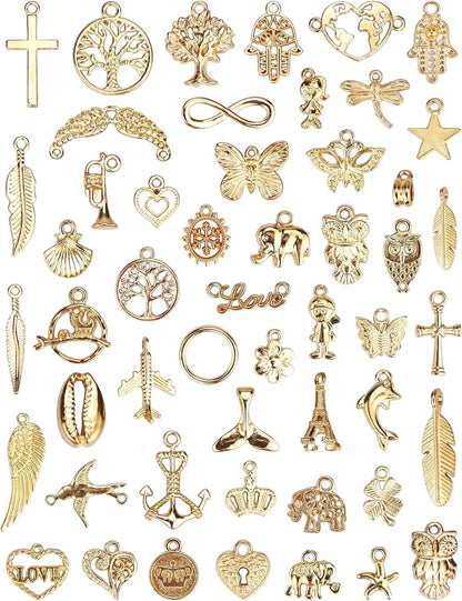 JIALEEY Wholesale Bulk 50PCS Mixed Gold Charms Pendants DIY for Necklace Bracelet Jewelry Making and Crafting