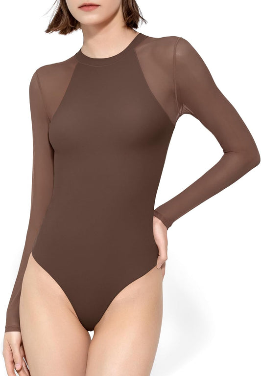 PUMIEY Mesh Long Sleeve Bodysuit for Women Crew Neck Body Suits Sexy Sheer Tops Smoke Cloud Collection