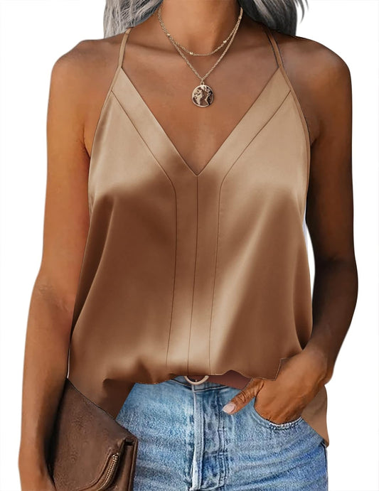 Zeagoo Womens Silk Satin Tank Tops V Neck Sleeveless Camisole Cami Spaghetti Straps Blouse Summer Loose Racerback Shirt Camel