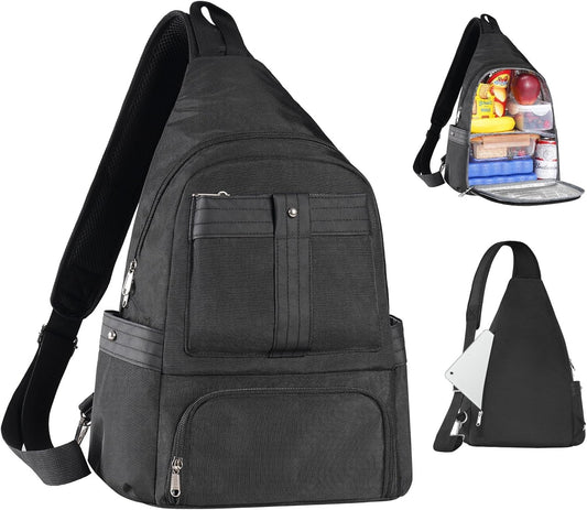 Crossbody Lunch Backpack, Double Deck Large Insulated Lunch Box for Men Women Adult, Leakproof Lunchbox with Side Pokets for iPad, Small Cooler Bag for Work Office Hiking Beach Picnic, Black