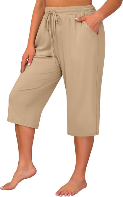 Huukeay 3 Pack Women's Plus Size Capris, Drawstring Cotton Yoga Capri Sweatpants Summer Casual Loose Cropped Pant with Pocket