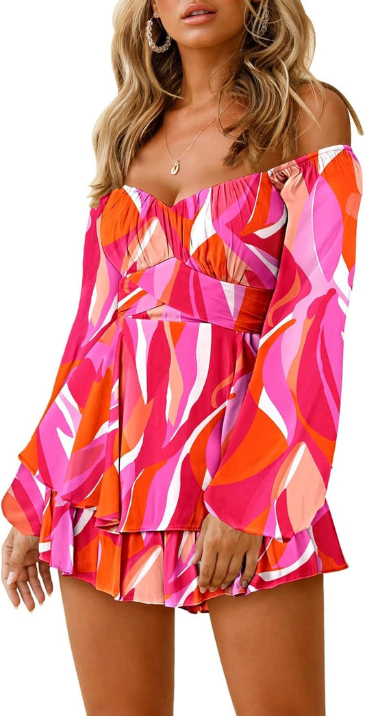 Fixmatti Women off Shoulder Rompers Lantern Long Sleeve Ruffle Tie Mini Shorts Jumpsuit