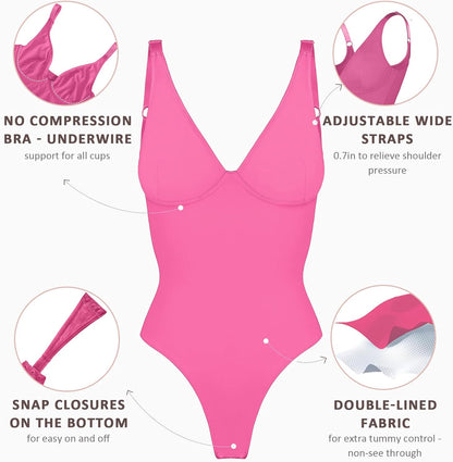 FeelinGirl Shapewear Bodysuits for Women Tummy Control Body Suits Deep V Neck Thong Body Shaper