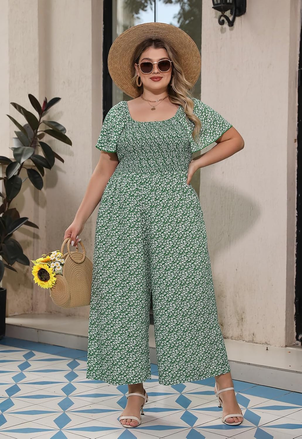Nemidor Womens Plus Size Casual Long Pant Jumpsuits Summer Print Ruffle Sleeve Smocked Waisted Romper with Pocket 16-26