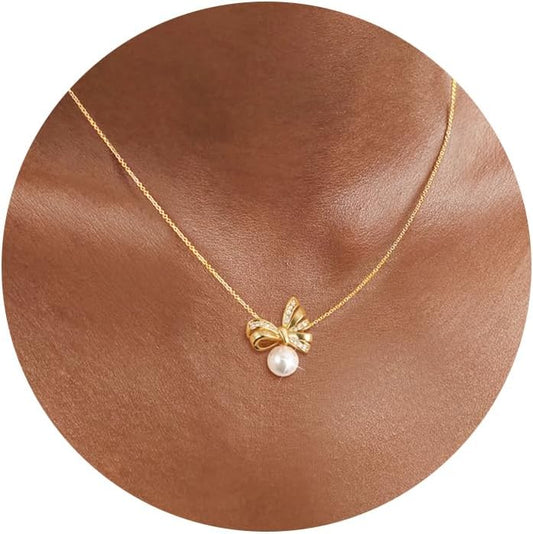 Single Pearl Gold Necklaces for Women Trendy: 14k Gold Plated Thin Chain Sparkly CZ/Dainty Pearl Pendant Stacked Adjustable Necklace Simple Cute Non Tarnish Waterproof Wedding Gold Jewelry
