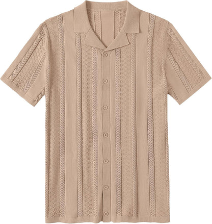 COOFANDY Men's Knit Shirts Vintage Short Sleeve Button Down Shirt Casual Summer Beach Shirt